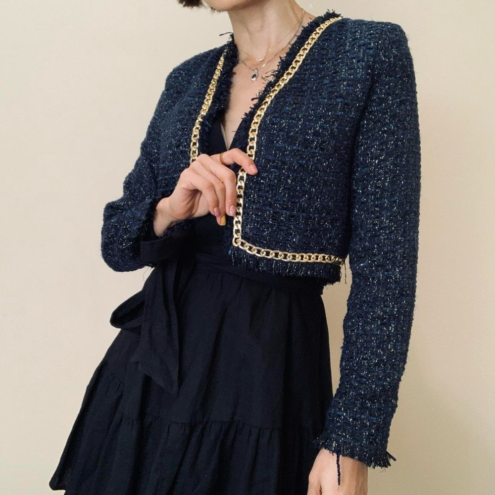 Christian Lacroix blue tweed cropped open ladies jacket size XS NWT - Picture 2 of 11